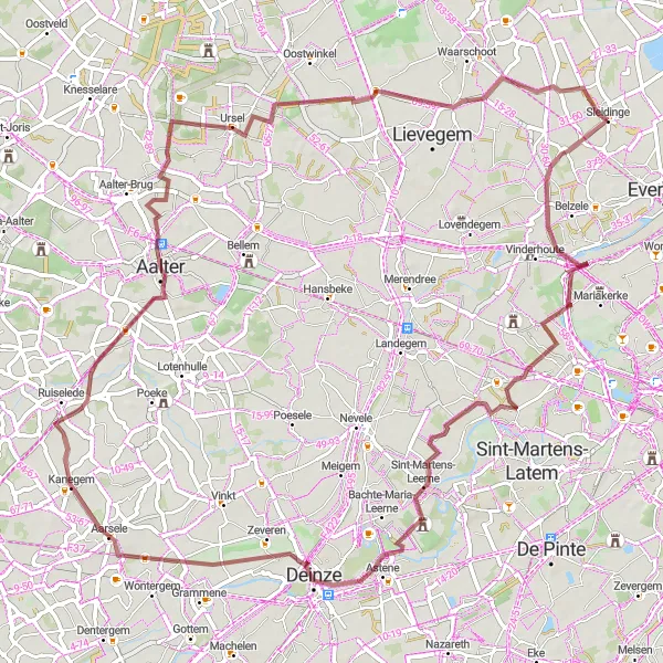 Miniatuurkaart van de fietsinspiratie "Sleidinge-Baarle-Aarsele-Aalter-Ursel-Sleidinge" in Prov. Oost-Vlaanderen, Belgium. Gemaakt door de Tarmacs.app fietsrouteplanner