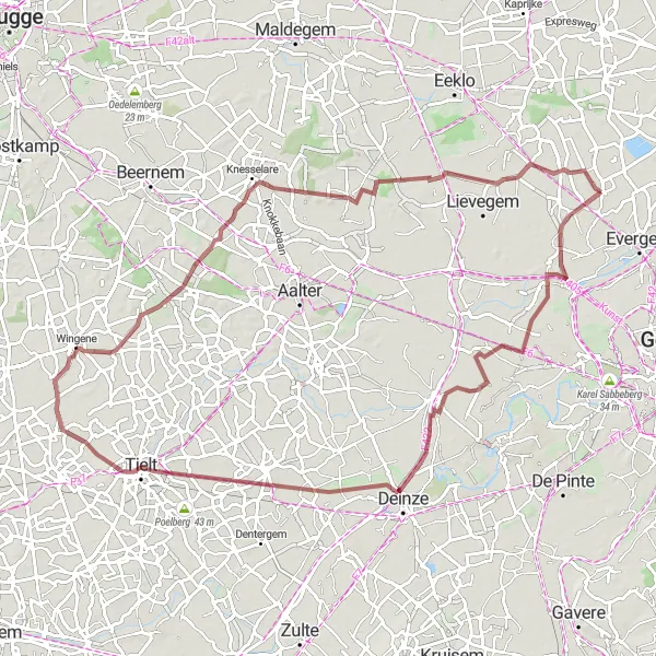 Map miniature of "Sleidinge and Vicinity Gravel Adventure" cycling inspiration in Prov. Oost-Vlaanderen, Belgium. Generated by Tarmacs.app cycling route planner