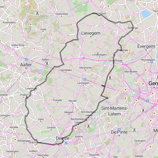 Map miniature of "Sleidinge to Waarschoot Loop" cycling inspiration in Prov. Oost-Vlaanderen, Belgium. Generated by Tarmacs.app cycling route planner