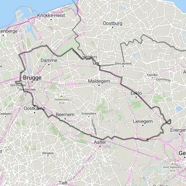 Map miniature of "Lovendegem to Waarschoot Loop" cycling inspiration in Prov. Oost-Vlaanderen, Belgium. Generated by Tarmacs.app cycling route planner