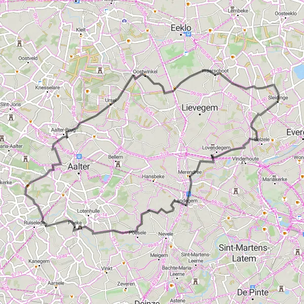 Map miniature of "Merendree to Sleidinge Loop" cycling inspiration in Prov. Oost-Vlaanderen, Belgium. Generated by Tarmacs.app cycling route planner