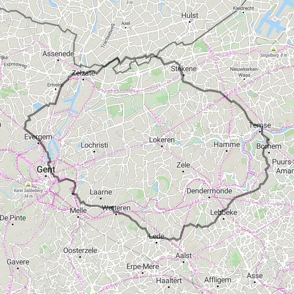 Map miniature of "Sleidinge to Sint-Niklaas Road Adventure" cycling inspiration in Prov. Oost-Vlaanderen, Belgium. Generated by Tarmacs.app cycling route planner