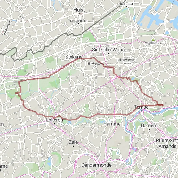 Miniature de la carte de l'inspiration cycliste "Les Sentiers de la Lande" dans la Prov. Oost-Vlaanderen, Belgium. Générée par le planificateur d'itinéraire cycliste Tarmacs.app
