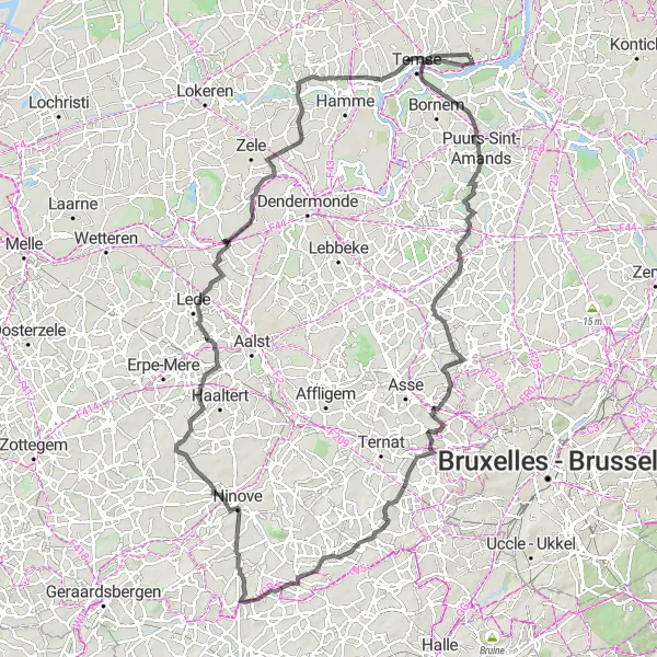 Miniature de la carte de l'inspiration cycliste "Le Tour de la Rivière Dyle" dans la Prov. Oost-Vlaanderen, Belgium. Générée par le planificateur d'itinéraire cycliste Tarmacs.app