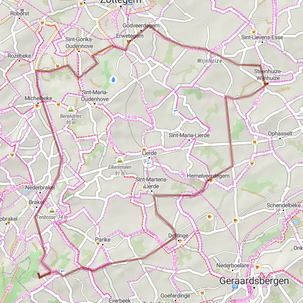 Map miniature of "Scenic Gravel Adventure" cycling inspiration in Prov. Oost-Vlaanderen, Belgium. Generated by Tarmacs.app cycling route planner