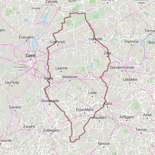 Karten-Miniaturansicht der Radinspiration "Gravelroute über 108 km" in Prov. Oost-Vlaanderen, Belgium. Erstellt vom Tarmacs.app-Routenplaner für Radtouren