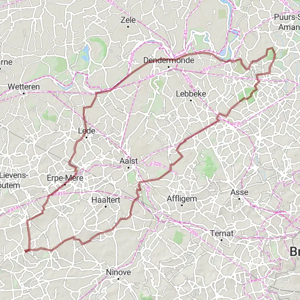 Miniature de la carte de l'inspiration cycliste "Parcours de vélo tout-terrain à proximité de Steenhuize-Wijnhuize" dans la Prov. Oost-Vlaanderen, Belgium. Générée par le planificateur d'itinéraire cycliste Tarmacs.app