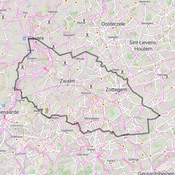 Miniatuurkaart van de fietsinspiratie "Heuvelachtige Rit door Oost-Vlaanderen" in Prov. Oost-Vlaanderen, Belgium. Gemaakt door de Tarmacs.app fietsrouteplanner