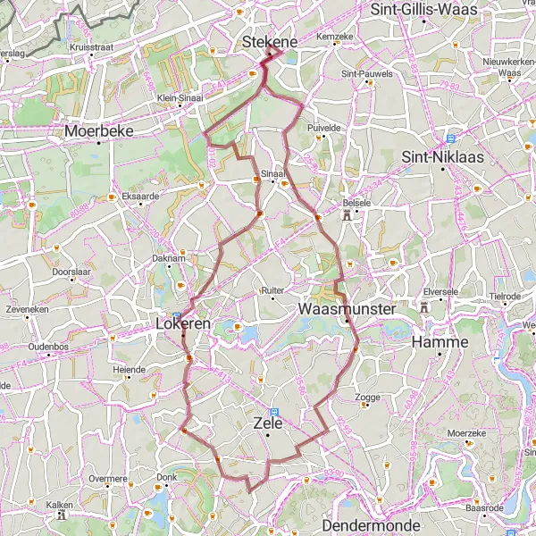 Map miniature of "Scenic Stekene Trek" cycling inspiration in Prov. Oost-Vlaanderen, Belgium. Generated by Tarmacs.app cycling route planner
