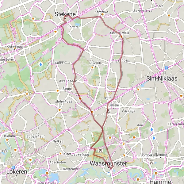Map miniature of "Belsele and Sinaai Gravel Loop" cycling inspiration in Prov. Oost-Vlaanderen, Belgium. Generated by Tarmacs.app cycling route planner