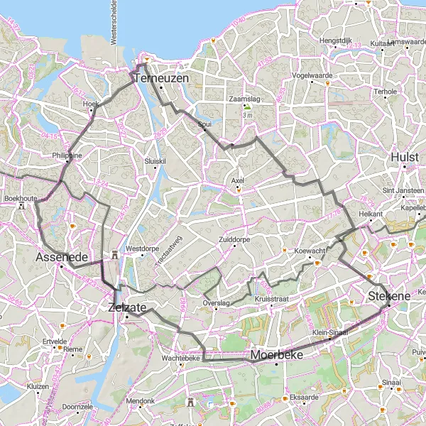 Miniatuurkaart van de fietsinspiratie "Polders en Kanaalroute" in Prov. Oost-Vlaanderen, Belgium. Gemaakt door de Tarmacs.app fietsrouteplanner