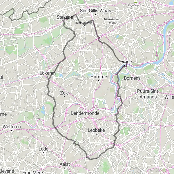 Map miniature of "Sint-Niklaas to Puivelde" cycling inspiration in Prov. Oost-Vlaanderen, Belgium. Generated by Tarmacs.app cycling route planner