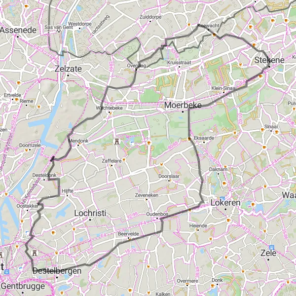Miniature de la carte de l'inspiration cycliste "Route des Moulins" dans la Prov. Oost-Vlaanderen, Belgium. Générée par le planificateur d'itinéraire cycliste Tarmacs.app