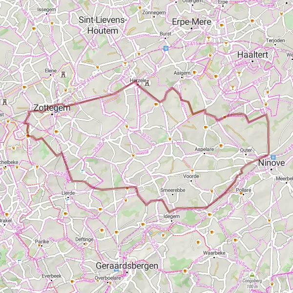 Map miniature of "Gravel adventure through Herzele and Sint-Maria-Lierde" cycling inspiration in Prov. Oost-Vlaanderen, Belgium. Generated by Tarmacs.app cycling route planner