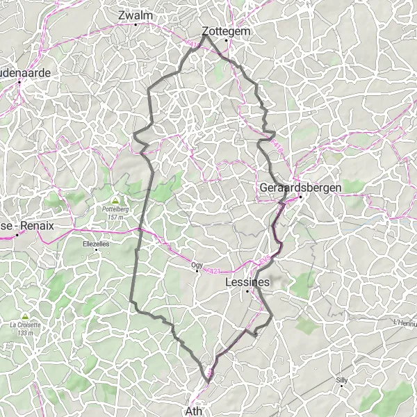 Miniature de la carte de l'inspiration cycliste "Les Routes des Collines" dans la Prov. Oost-Vlaanderen, Belgium. Générée par le planificateur d'itinéraire cycliste Tarmacs.app