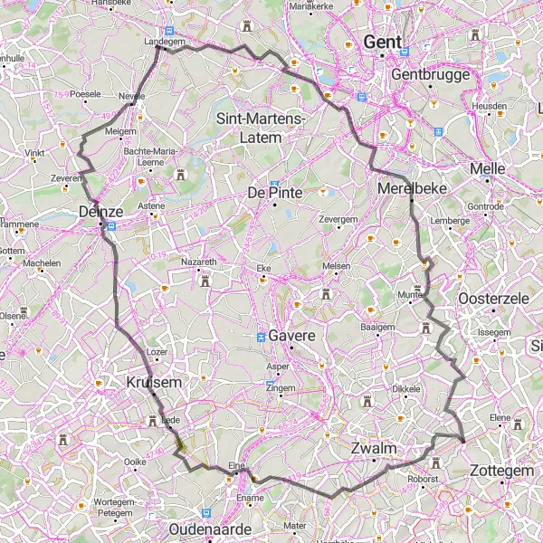 Map miniature of "Cycling through Velzeke-Ruddershove and Merelbeke" cycling inspiration in Prov. Oost-Vlaanderen, Belgium. Generated by Tarmacs.app cycling route planner