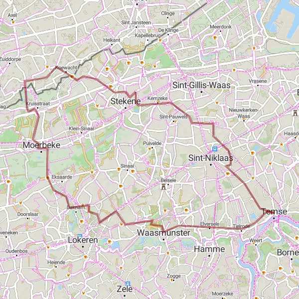 Miniature de la carte de l'inspiration cycliste "Tour des Polders" dans la Prov. Oost-Vlaanderen, Belgium. Générée par le planificateur d'itinéraire cycliste Tarmacs.app