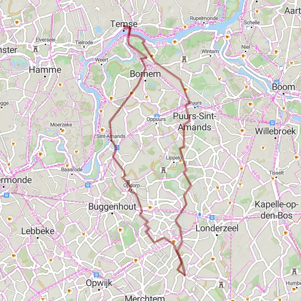Miniatuurkaart van de fietsinspiratie "Gravelroute vanuit Temse via Puurs en Bornem" in Prov. Oost-Vlaanderen, Belgium. Gemaakt door de Tarmacs.app fietsrouteplanner