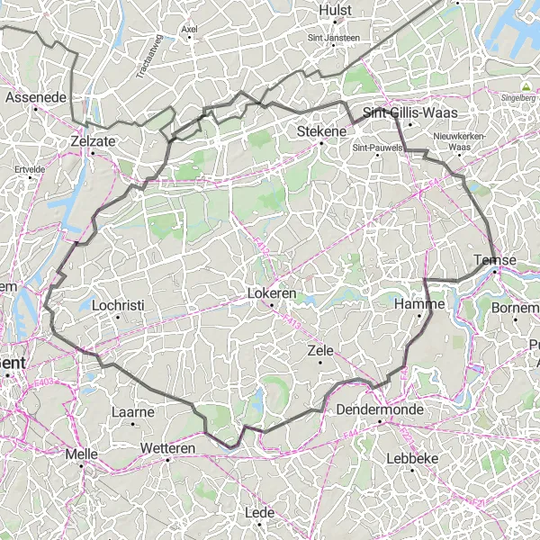 Miniature de la carte de l'inspiration cycliste "La Boucle des Villages" dans la Prov. Oost-Vlaanderen, Belgium. Générée par le planificateur d'itinéraire cycliste Tarmacs.app