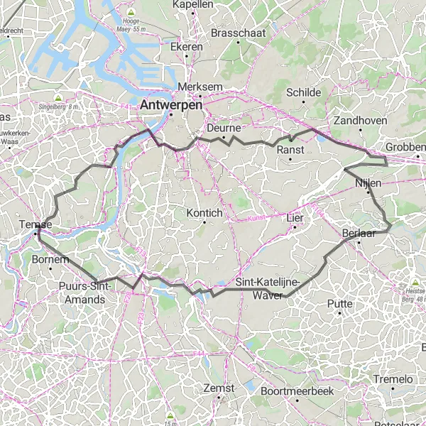 Map miniature of "Through Scheldeland and the Puurs Region" cycling inspiration in Prov. Oost-Vlaanderen, Belgium. Generated by Tarmacs.app cycling route planner
