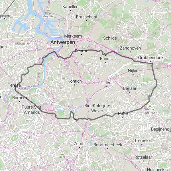 Map miniature of "Challenging Climbs and Historic Towns" cycling inspiration in Prov. Oost-Vlaanderen, Belgium. Generated by Tarmacs.app cycling route planner