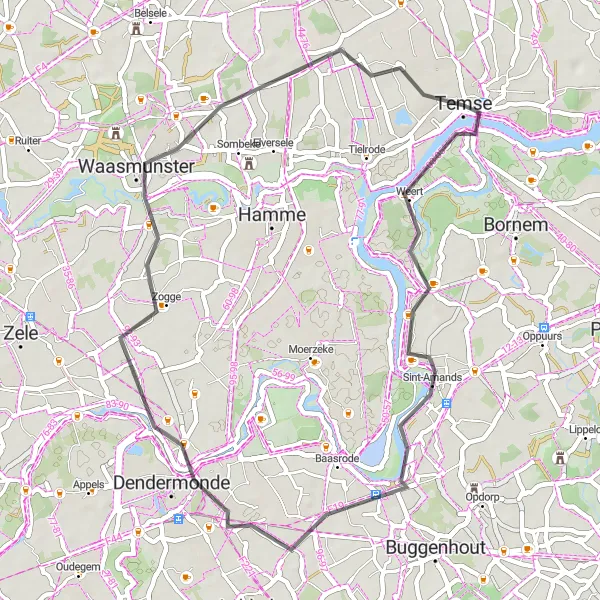 Miniatuurkaart van de fietsinspiratie "Kortere fietsroute van 43 km door Weert, Dendermonde, Waasmunster en Kettermuit" in Prov. Oost-Vlaanderen, Belgium. Gemaakt door de Tarmacs.app fietsrouteplanner
