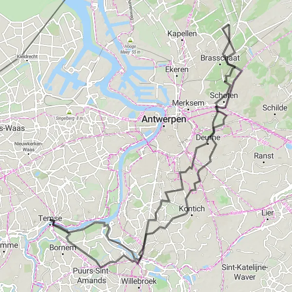 Map miniature of "Temse Epic Road Cycling Route" cycling inspiration in Prov. Oost-Vlaanderen, Belgium. Generated by Tarmacs.app cycling route planner