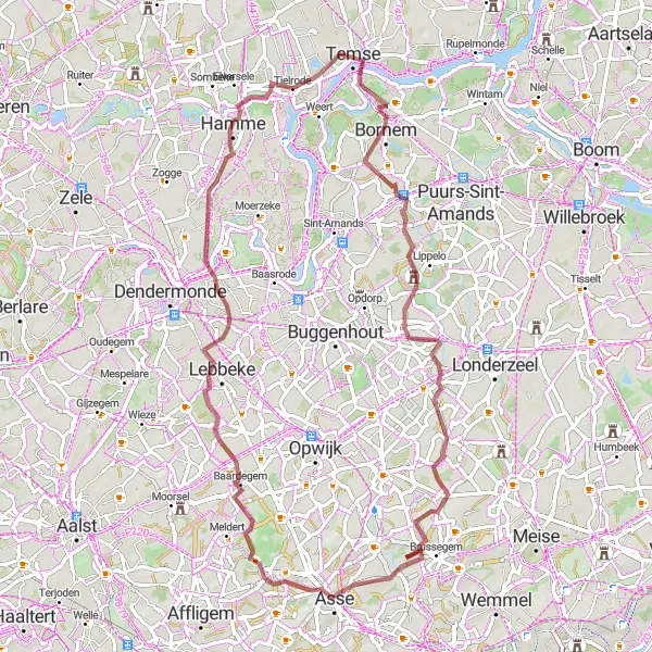 Miniatuurkaart van de fietsinspiratie "Gravelroute van Tielrode naar Tielrode" in Prov. Oost-Vlaanderen, Belgium. Gemaakt door de Tarmacs.app fietsrouteplanner