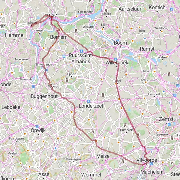 Miniatuurkaart van de fietsinspiratie "Gravelroute van Tielrode naar Buitenland" in Prov. Oost-Vlaanderen, Belgium. Gemaakt door de Tarmacs.app fietsrouteplanner