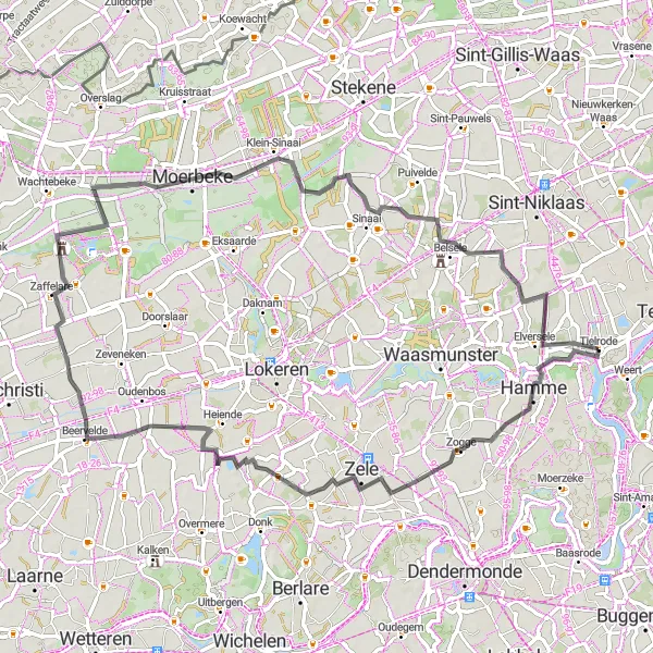 Miniatuurkaart van de fietsinspiratie "Wegroute van Tielrode naar Elversele" in Prov. Oost-Vlaanderen, Belgium. Gemaakt door de Tarmacs.app fietsrouteplanner