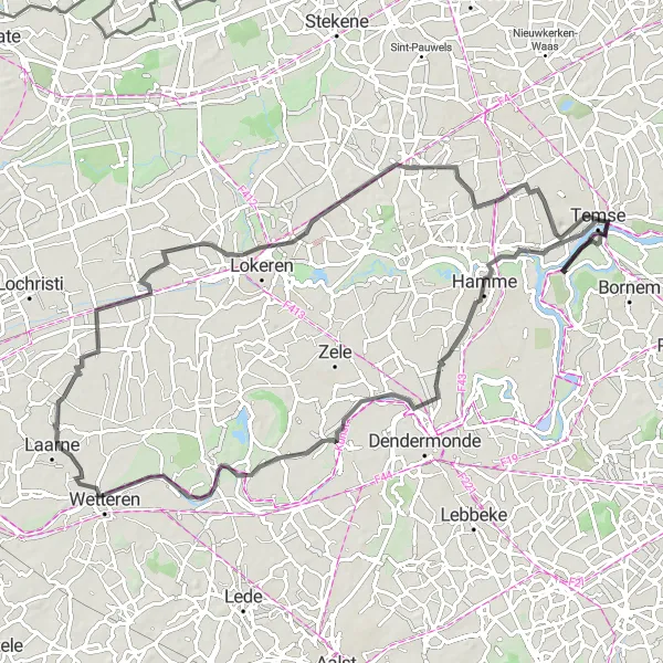 Miniatuurkaart van de fietsinspiratie "Slingerende Wegen langs de Schelde" in Prov. Oost-Vlaanderen, Belgium. Gemaakt door de Tarmacs.app fietsrouteplanner