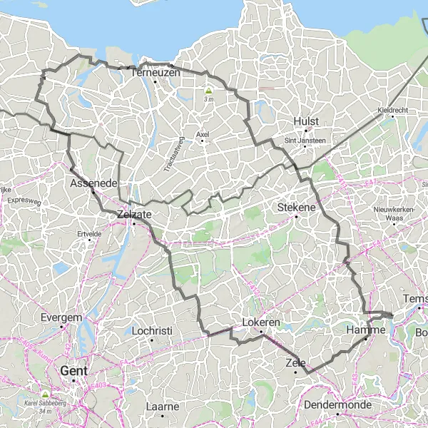 Map miniature of "Zogge to Elversele" cycling inspiration in Prov. Oost-Vlaanderen, Belgium. Generated by Tarmacs.app cycling route planner