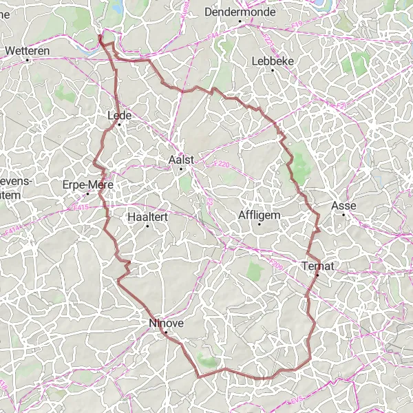 Miniatuurkaart van de fietsinspiratie "Uitdagende gravelroute vanuit Wieze naar Erondegem" in Prov. Oost-Vlaanderen, Belgium. Gemaakt door de Tarmacs.app fietsrouteplanner