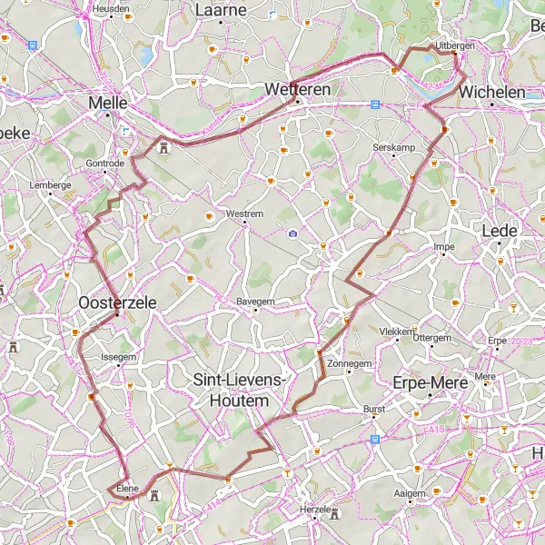 Map miniature of "Uitbergen Gravel Adventure" cycling inspiration in Prov. Oost-Vlaanderen, Belgium. Generated by Tarmacs.app cycling route planner