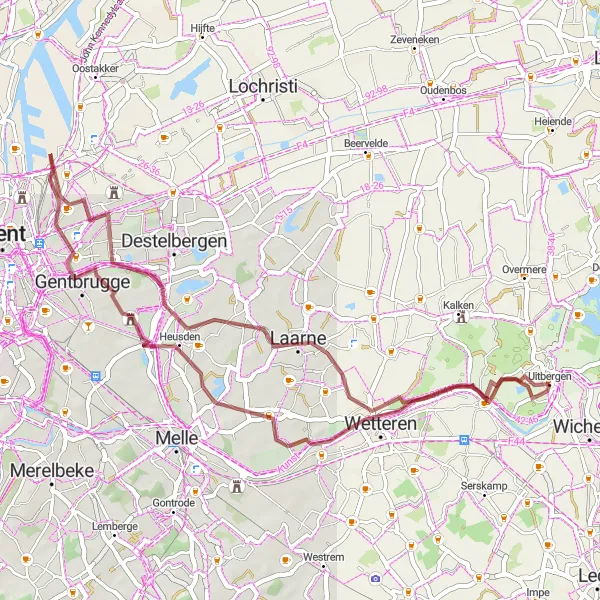 Karten-Miniaturansicht der Radinspiration "Graveltour nach Ten Ede und Sint-Amandsberg" in Prov. Oost-Vlaanderen, Belgium. Erstellt vom Tarmacs.app-Routenplaner für Radtouren