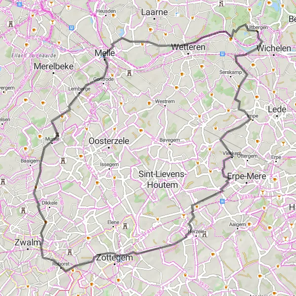 Map miniature of "Challenging Road Cycling: Hills and Landscapes" cycling inspiration in Prov. Oost-Vlaanderen, Belgium. Generated by Tarmacs.app cycling route planner