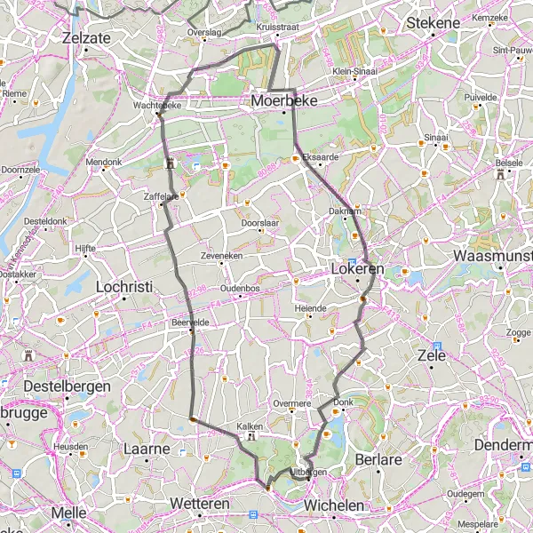 Miniature de la carte de l'inspiration cycliste "Boucle de Uitbergen à Daknam" dans la Prov. Oost-Vlaanderen, Belgium. Générée par le planificateur d'itinéraire cycliste Tarmacs.app