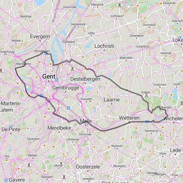 Map miniature of "Rolling Hills Road Ride" cycling inspiration in Prov. Oost-Vlaanderen, Belgium. Generated by Tarmacs.app cycling route planner