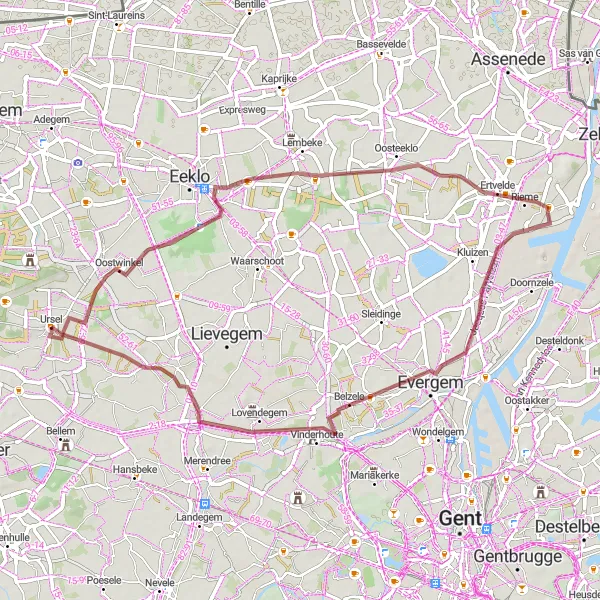 Miniatuurkaart van de fietsinspiratie "Graveltocht naar Ursel en Belzele" in Prov. Oost-Vlaanderen, Belgium. Gemaakt door de Tarmacs.app fietsrouteplanner