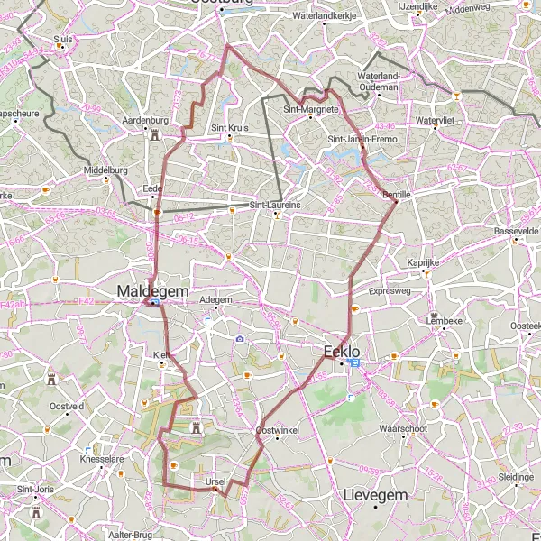 Miniatuurkaart van de fietsinspiratie "Gravelroute door Maldegem en omgeving" in Prov. Oost-Vlaanderen, Belgium. Gemaakt door de Tarmacs.app fietsrouteplanner
