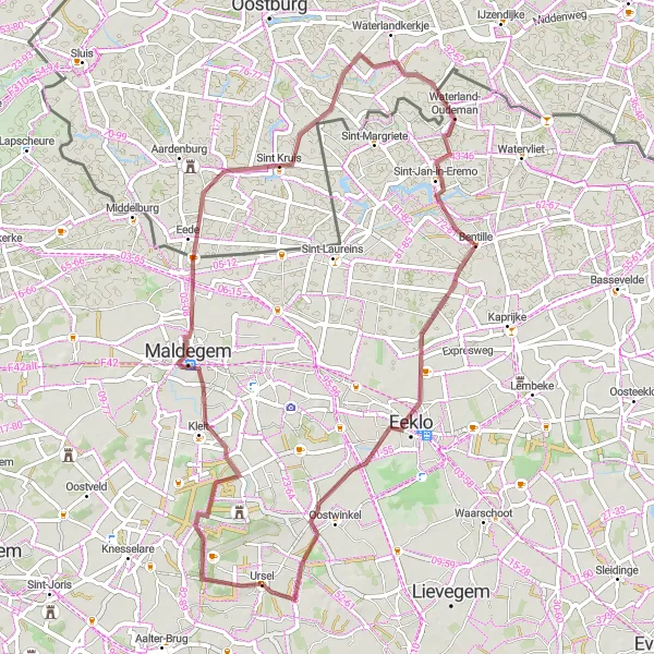 Miniatuurkaart van de fietsinspiratie "Gravelroute door Maldegem en Bentille" in Prov. Oost-Vlaanderen, Belgium. Gemaakt door de Tarmacs.app fietsrouteplanner