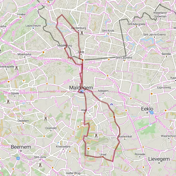 Miniatuurkaart van de fietsinspiratie "Gravelroute naar Eede en Maldegem" in Prov. Oost-Vlaanderen, Belgium. Gemaakt door de Tarmacs.app fietsrouteplanner
