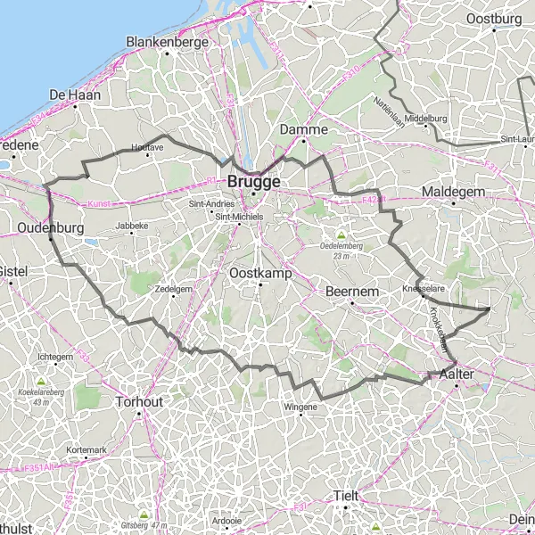 Map miniature of "Ursel - Aalter-Brug - Ruddervoorde - Aartrijke - Westkerke - Houtave - Sint-Pieters - Augustines bridge - Knesselare - Ursel" cycling inspiration in Prov. Oost-Vlaanderen, Belgium. Generated by Tarmacs.app cycling route planner
