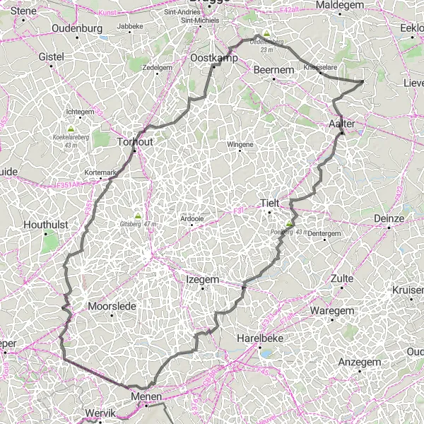 Map miniature of "Ursel - Aalter - Kanegem - Poelberg - Lendelede - Gapersmonument - Zonnebeke - Sint-Jozef / De Geite - Torhout - Moerbrugge - Oedelemberg - Knesselare - Ursel" cycling inspiration in Prov. Oost-Vlaanderen, Belgium. Generated by Tarmacs.app cycling route planner