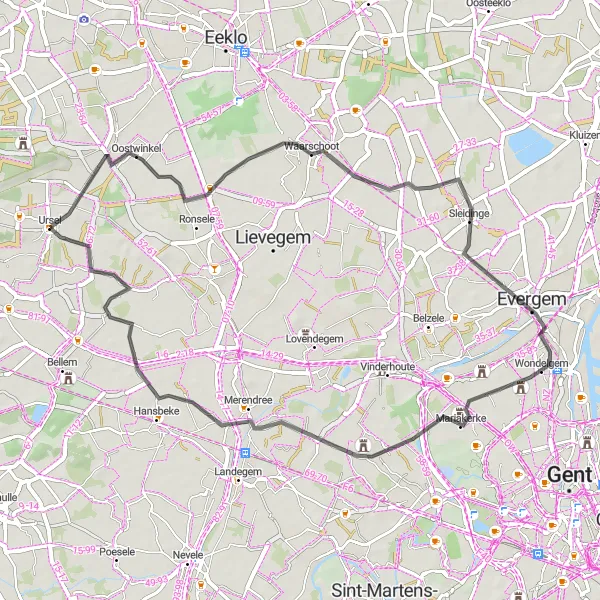 Map miniature of "The Road to Serenity" cycling inspiration in Prov. Oost-Vlaanderen, Belgium. Generated by Tarmacs.app cycling route planner