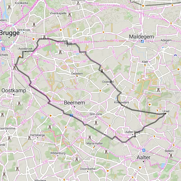 Miniatuurkaart van de fietsinspiratie "Fietstocht via Aalter-Brug en Knesselare" in Prov. Oost-Vlaanderen, Belgium. Gemaakt door de Tarmacs.app fietsrouteplanner