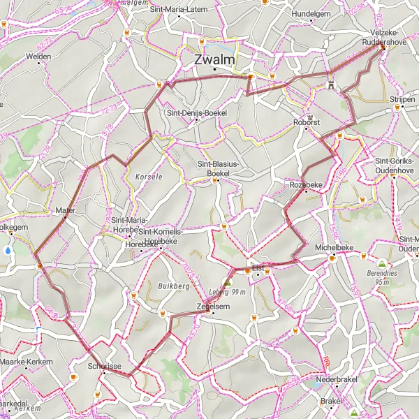 Map miniature of "Velzeke-Ruddershove Gravel Loop" cycling inspiration in Prov. Oost-Vlaanderen, Belgium. Generated by Tarmacs.app cycling route planner