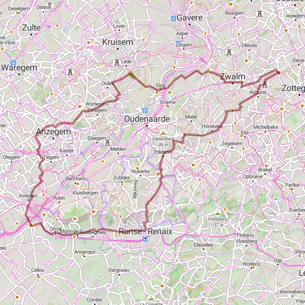 Map miniature of "Challenging Gravel Adventure in Flanders" cycling inspiration in Prov. Oost-Vlaanderen, Belgium. Generated by Tarmacs.app cycling route planner