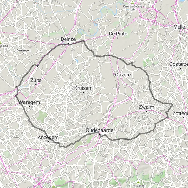 Map miniature of "Velzeke-Ruddershove to Hundelgem" cycling inspiration in Prov. Oost-Vlaanderen, Belgium. Generated by Tarmacs.app cycling route planner