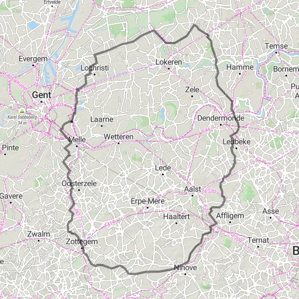 Miniatuurkaart van de fietsinspiratie "Ronde van Oost-Vlaanderen" in Prov. Oost-Vlaanderen, Belgium. Gemaakt door de Tarmacs.app fietsrouteplanner